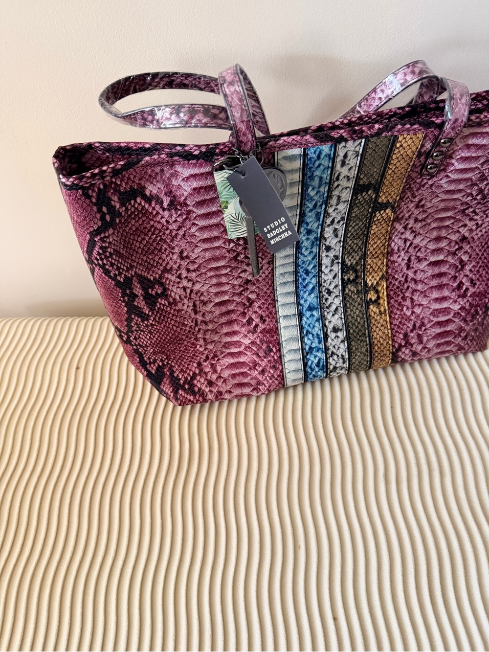 Pink Snake-Print Tote Bag with Multi-Color Accent Strips